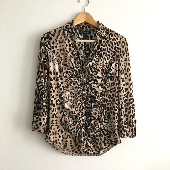 INC International Concept Leopard Print Button Down Blouse Top Ruched Front Sz S - Picture 1 of 5